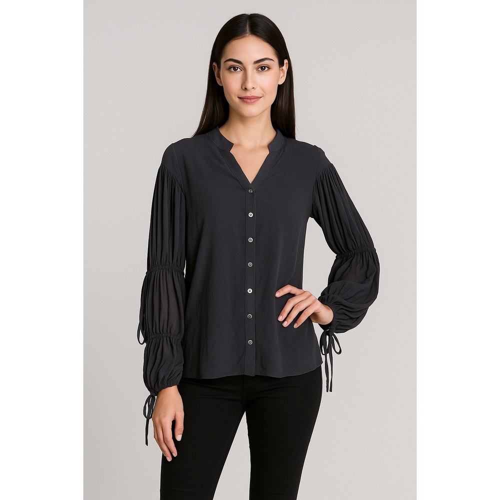 AllSaints Spitalfields Black 100% Silk Long Sleeve Button Up Tie Shirt Size 8